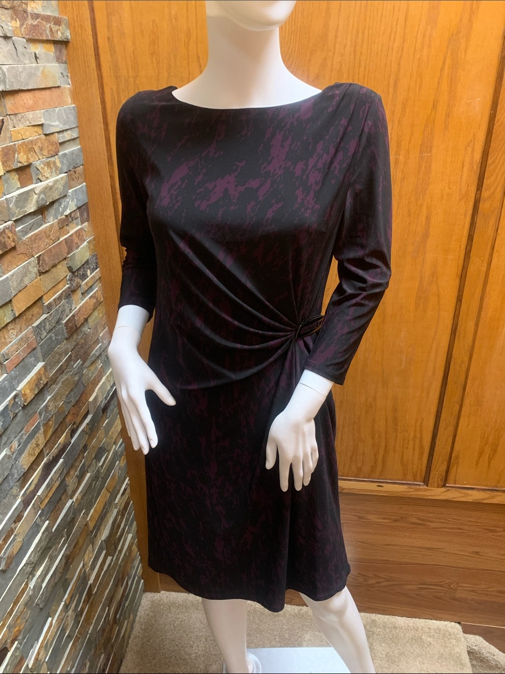 Kasper Black Dress with Dark Plum Accents, Long Sleeve